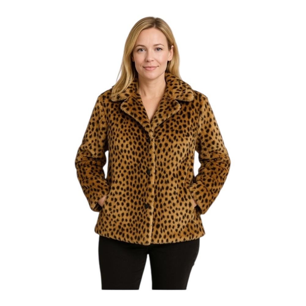 a new‎ day Teddy Jacket Brown Tan Leopard Print Mob Wife NWT